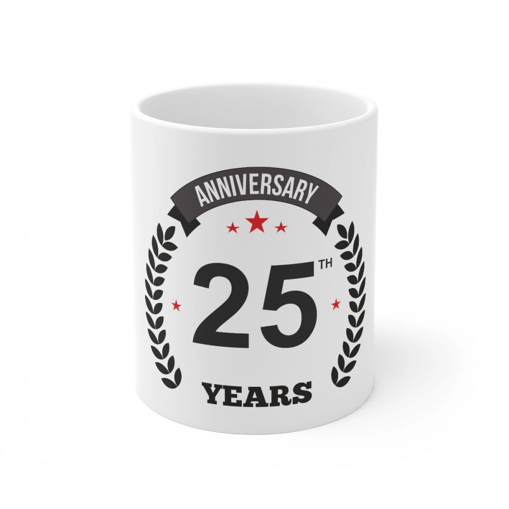 White coffee mug with anniversary print and laurel wreath design
