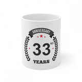 White ceramic coffee mug with 33rd anniversary print and 330ml capacity
