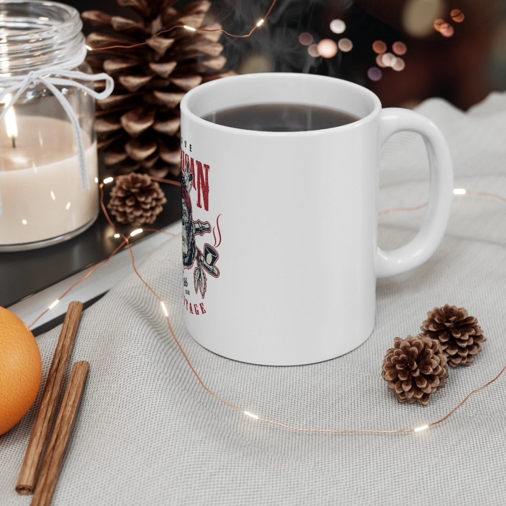A white coffee mug featuring a gorilla print design and a 330ml capacity