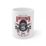 White ceramic coffee mug with a gorilla print featuring an American flag motif and the text 'Free in heritage', 330ml capacity