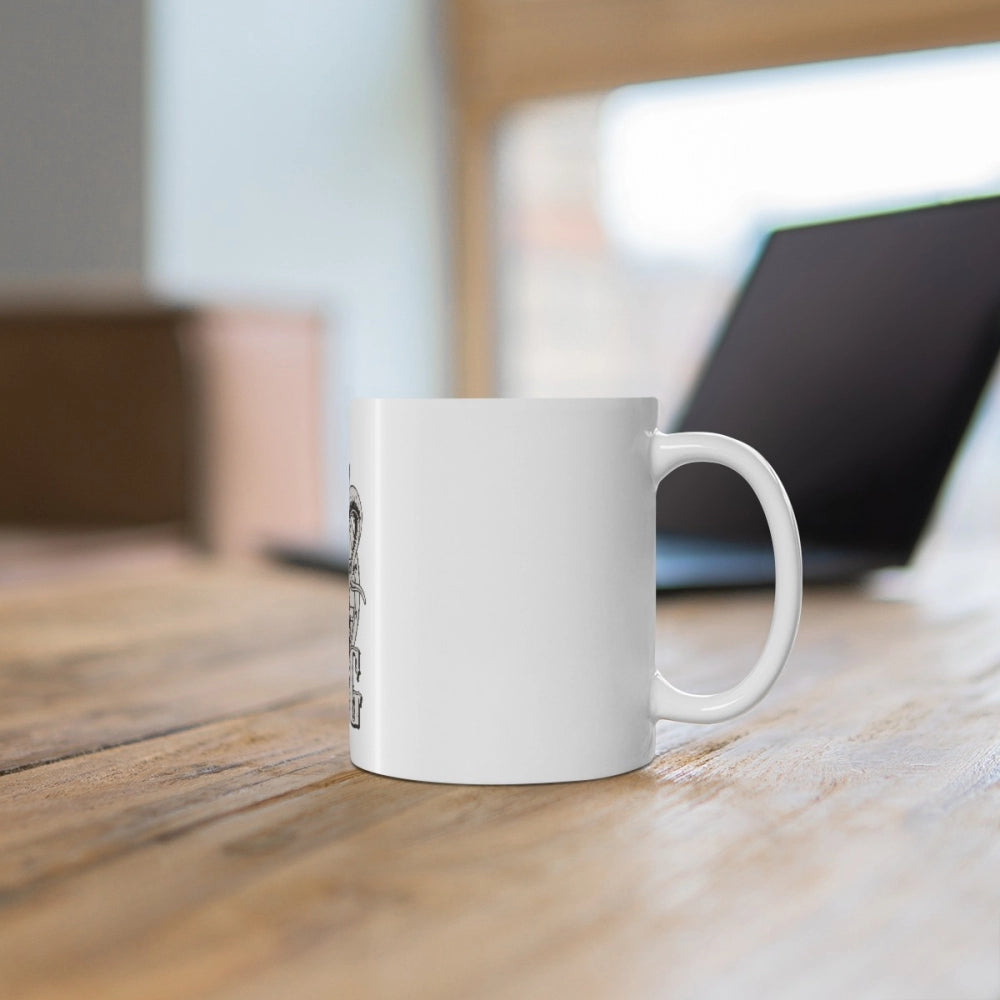 White ceramic coffee mug with gorilla print design and 330ml capacity