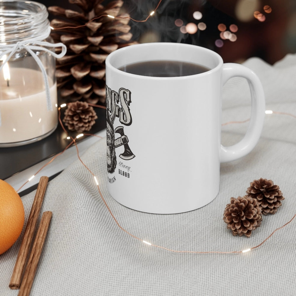 Ceramic coffee mug with white color and a printed gorilla design, capacity 330ml