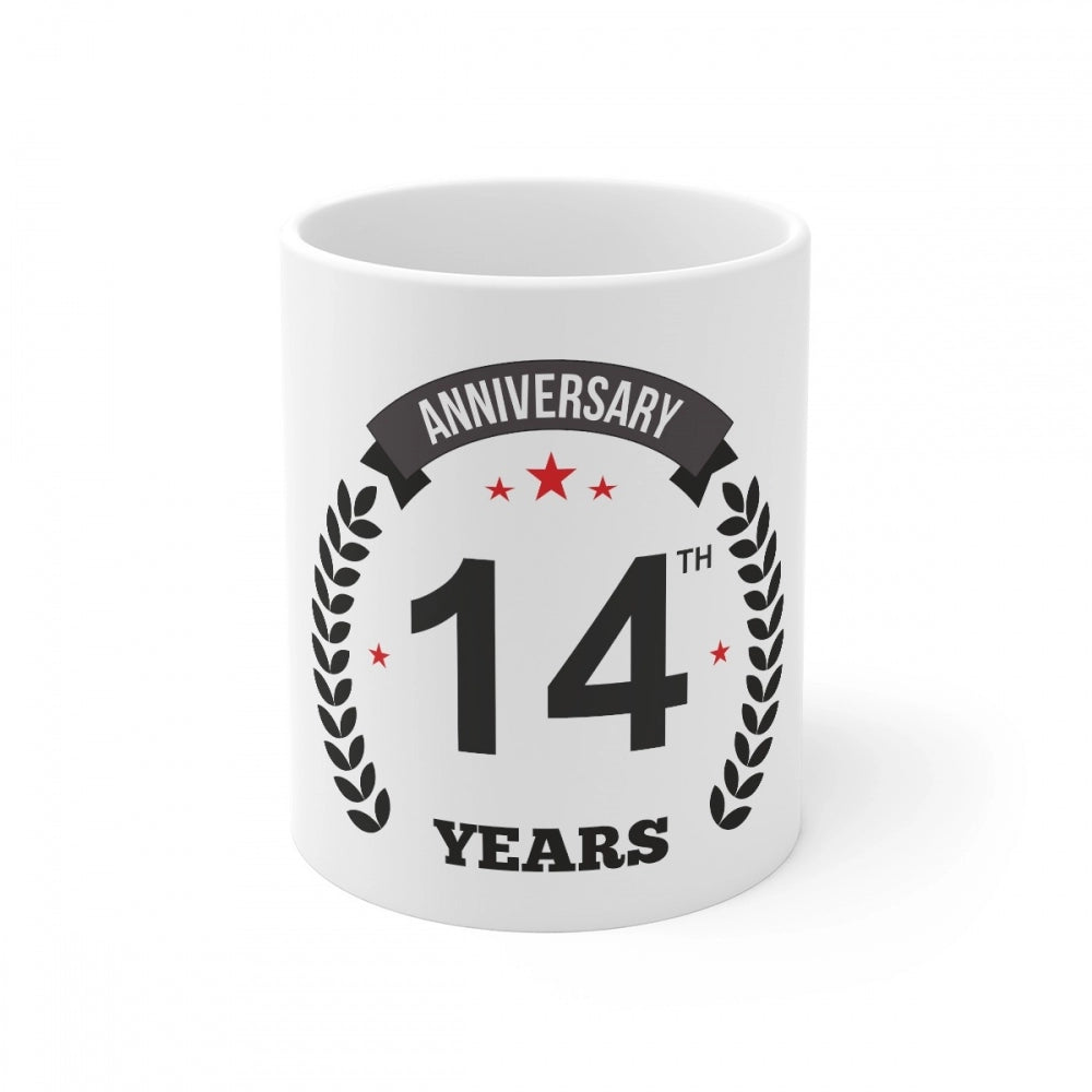 14th anniversary coffee mug with printed text and laurel design
