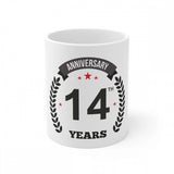 14th anniversary coffee mug with printed text and laurel design