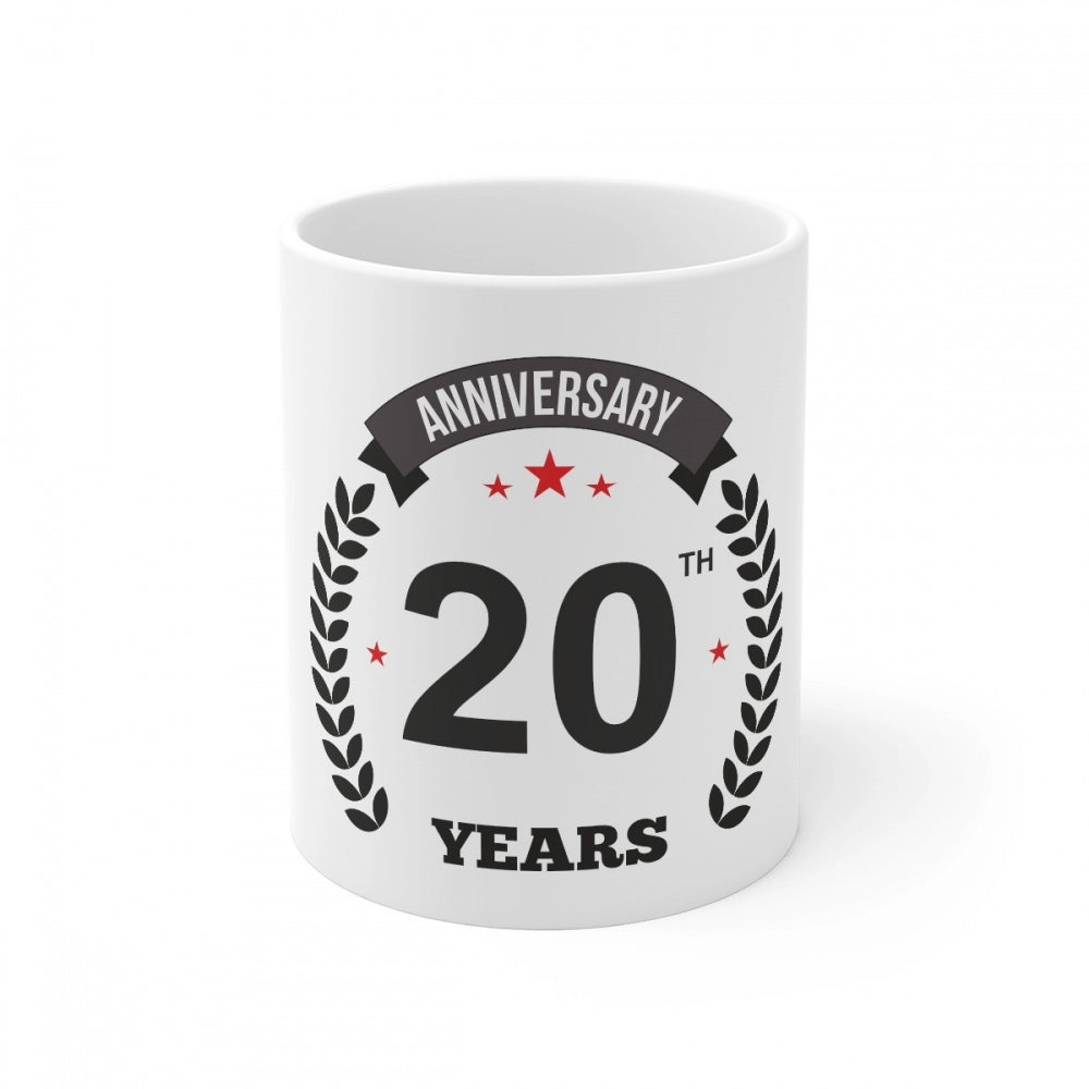 White ceramic mug with anniversary print and 330ml capacity