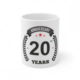 White ceramic mug with anniversary print and 330ml capacity
