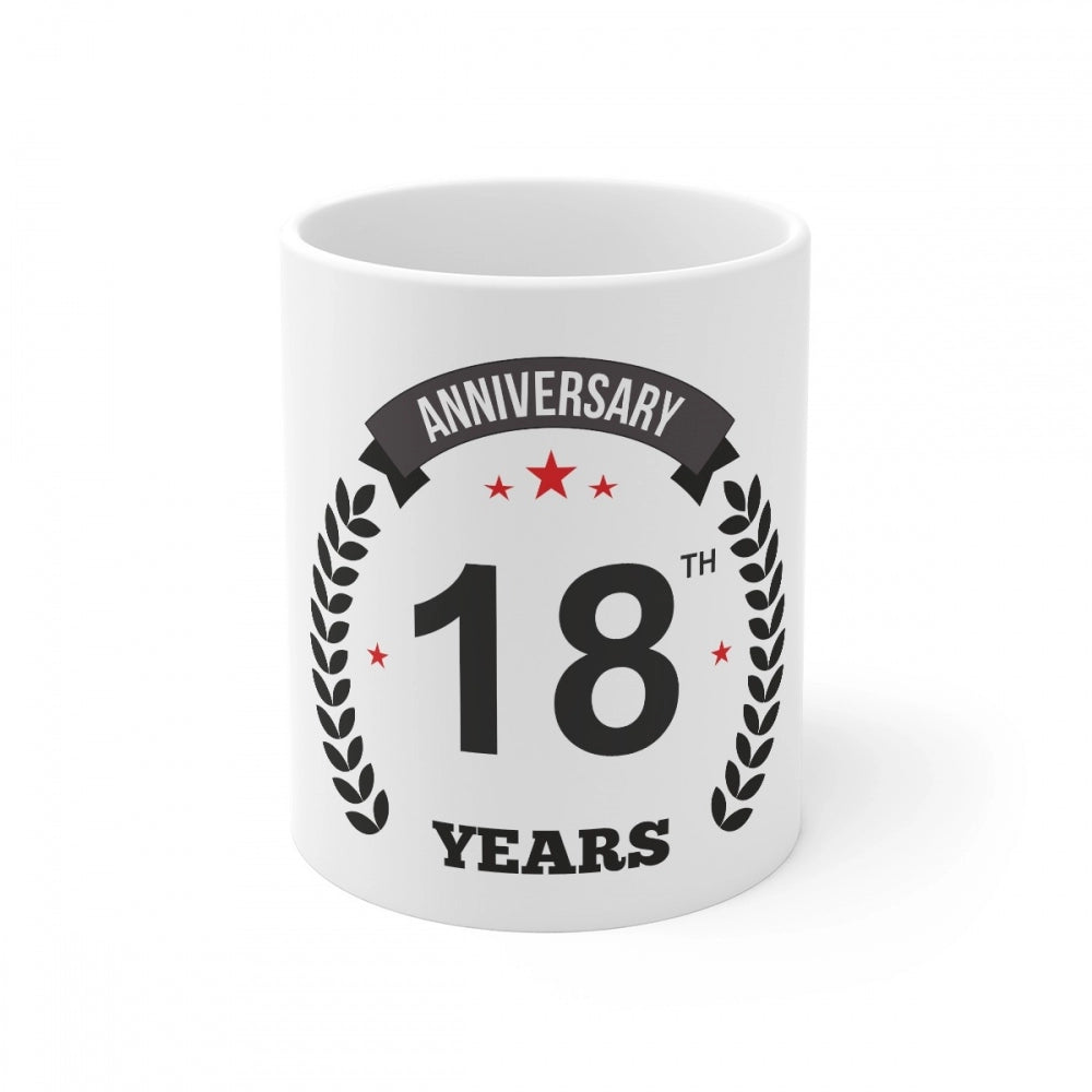 White ceramic coffee mug with printed anniversary message and 330ml capacity