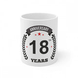 White ceramic coffee mug with printed anniversary message and 330ml capacity