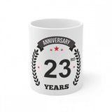 White ceramic coffee mug with 'Anniversary' printed design and '23 Years' text 330ml capacity