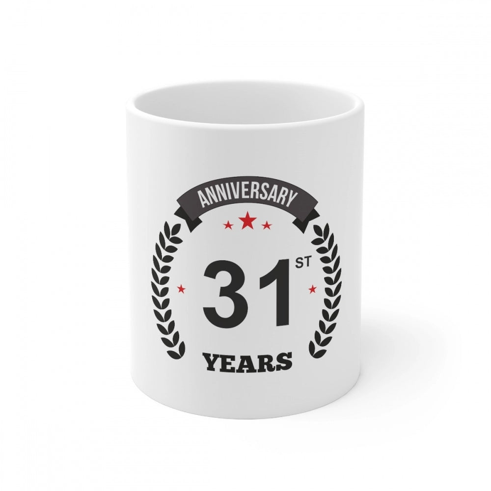 White ceramic coffee mug with anniversary print and 330ml capacity