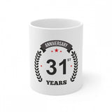 White ceramic coffee mug with anniversary print and 330ml capacity