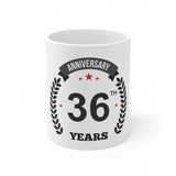 White ceramic coffee mug with anniversary print, celebrating 36 years