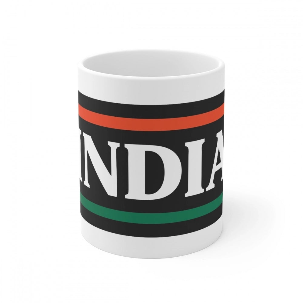 White ceramic coffee mug with India printed design