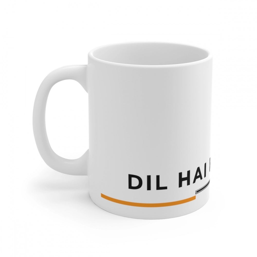 White ceramic coffee mug with Hindi script print
