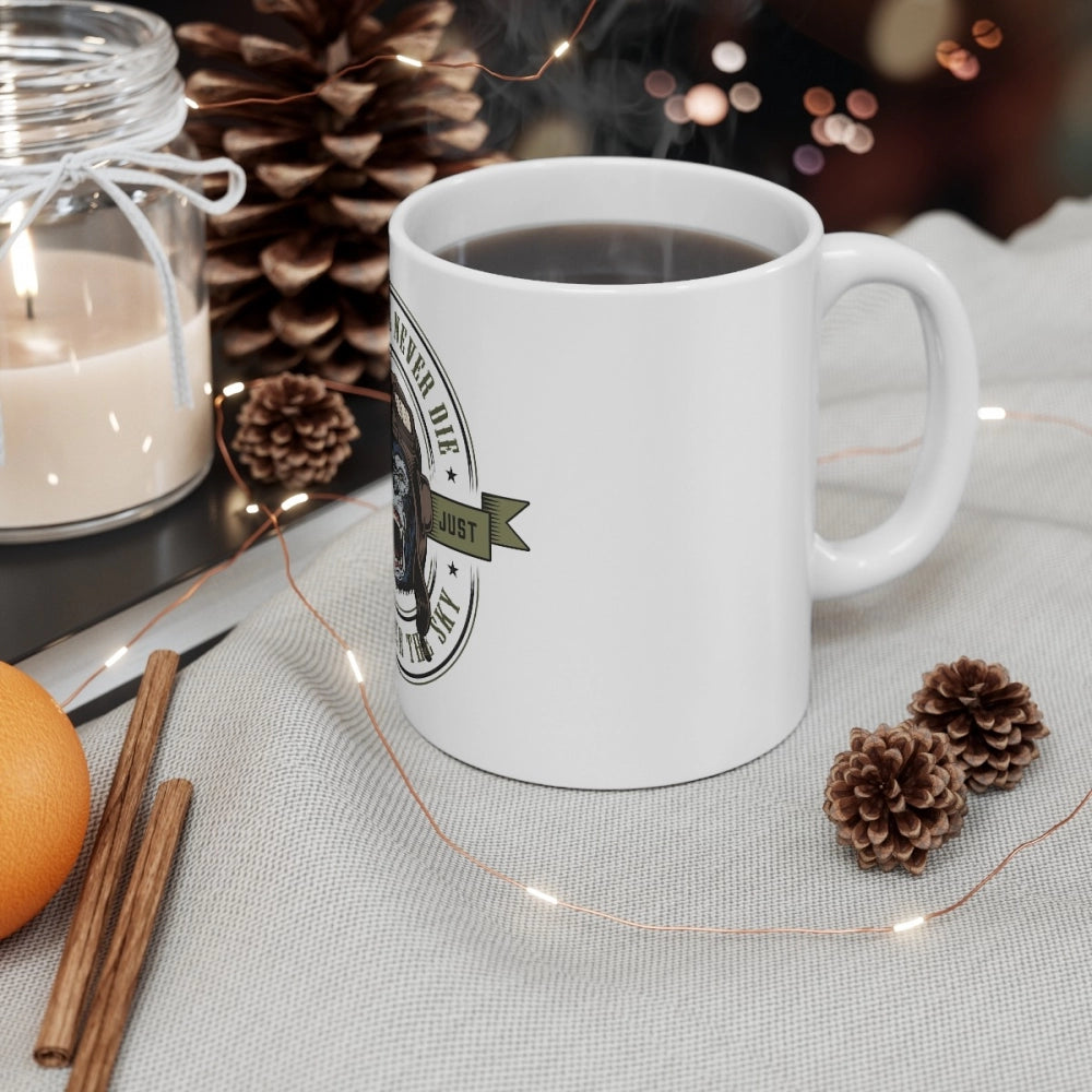 White ceramic coffee mug with 330ml capacity and white background