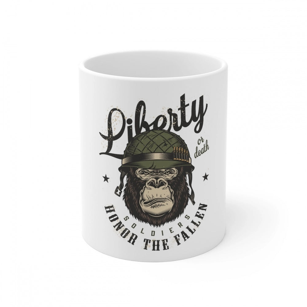 Ceramic mug with white background, black and white gorilla design, featuring text reading "Freedom", "CERAMIC GORILA DESIGN", "coffee mug", "330ml", "white mug