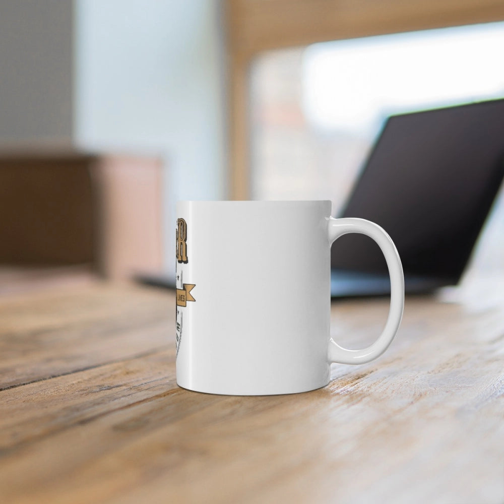 White ceramic mug with gorilla design print, 330 ml capacity
