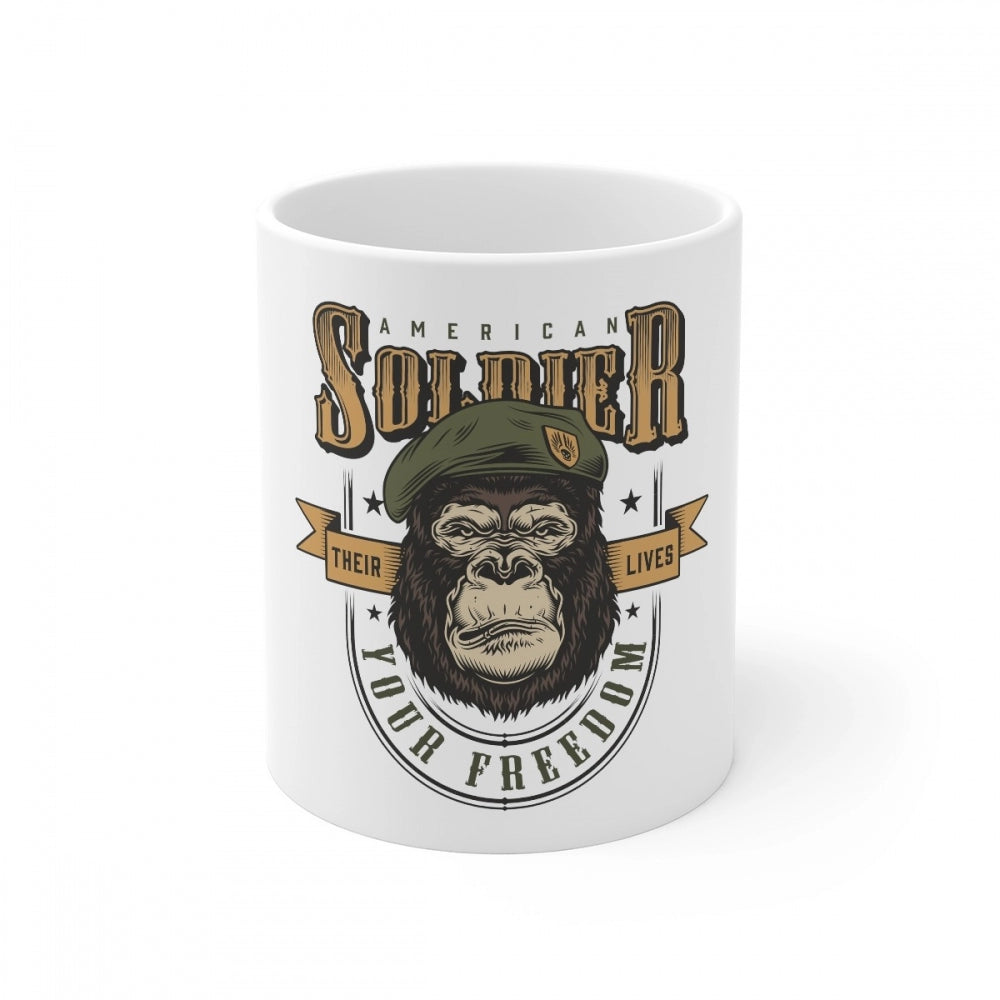 White ceramic coffee mug with American Soldier design and 'Soldier' text