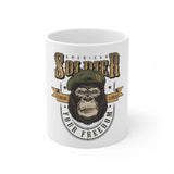 White ceramic coffee mug with American Soldier design and 'Soldier' text