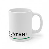 White ceramic coffee mug with blue Hindi print featuring the words 'JUST ANI' and a vertical line