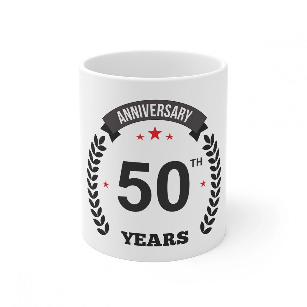 Anniversary ceramic coffee mug with printed design and laurel wreath, white color, 50th anniversary celebration