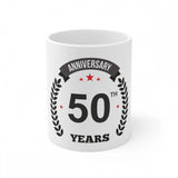 Anniversary ceramic coffee mug with printed design and laurel wreath, white color, 50th anniversary celebration