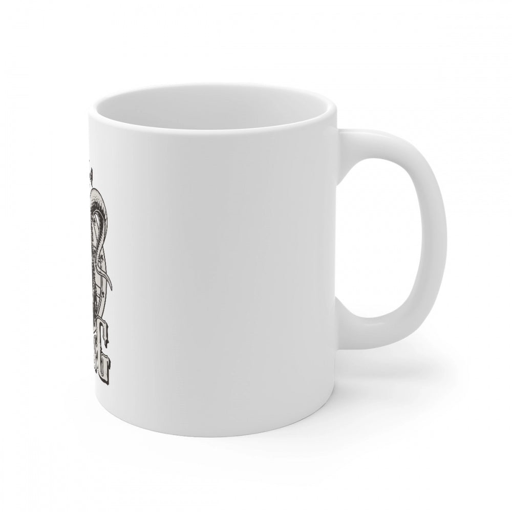 A white coffee mug with a ceramic gloss finish featuring a gorilla design print