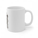 A white coffee mug with a ceramic gloss finish featuring a gorilla design print