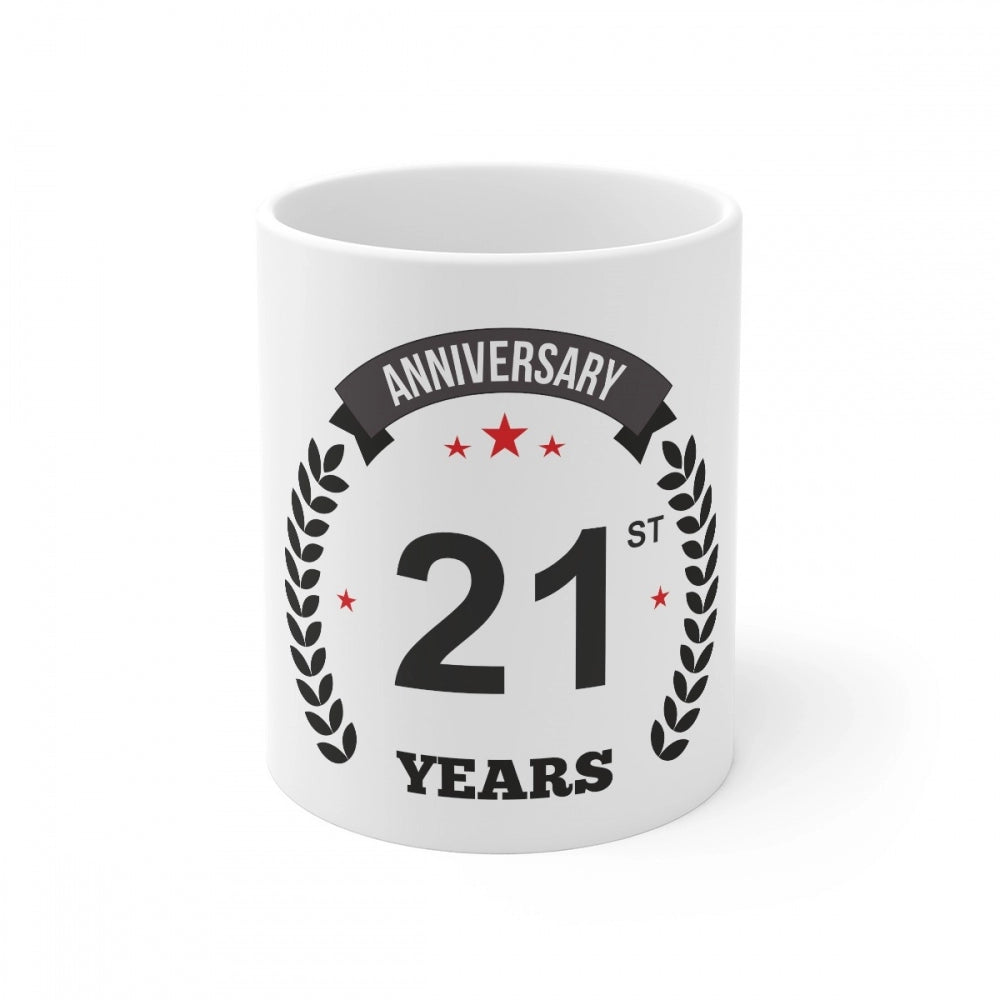 Anniversary ceramic coffee mug with white print and a laurel wreath, "anniversary 21st", reading "Anniversary 21st years