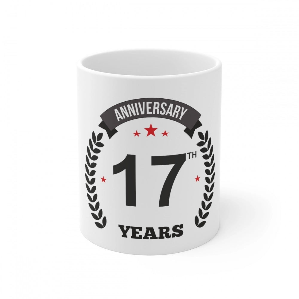 White ceramic coffee mug with 'Anniversary 17 years' printed design and 330ml capacity