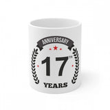 White ceramic coffee mug with 'Anniversary 17 years' printed design and 330ml capacity