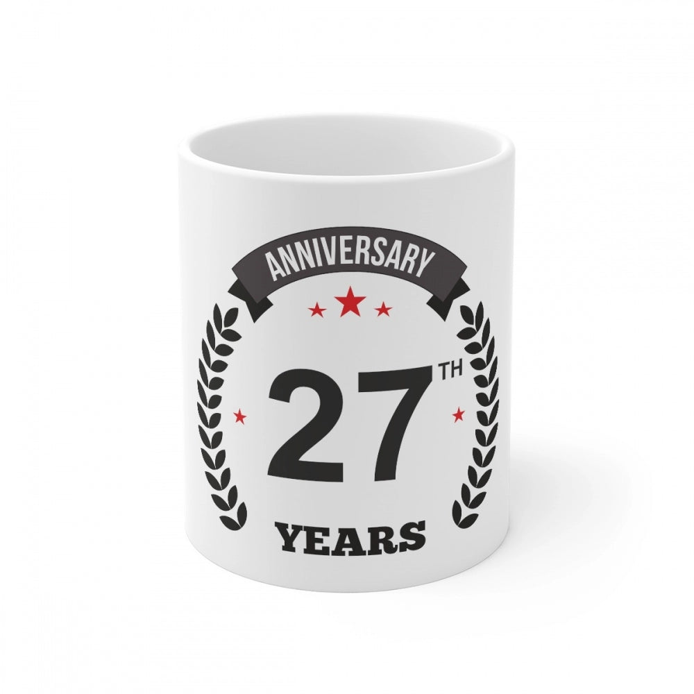 White ceramic coffee mug with printed anniversary message, reads 'Anniversary 27 years' and capacity of 330ml