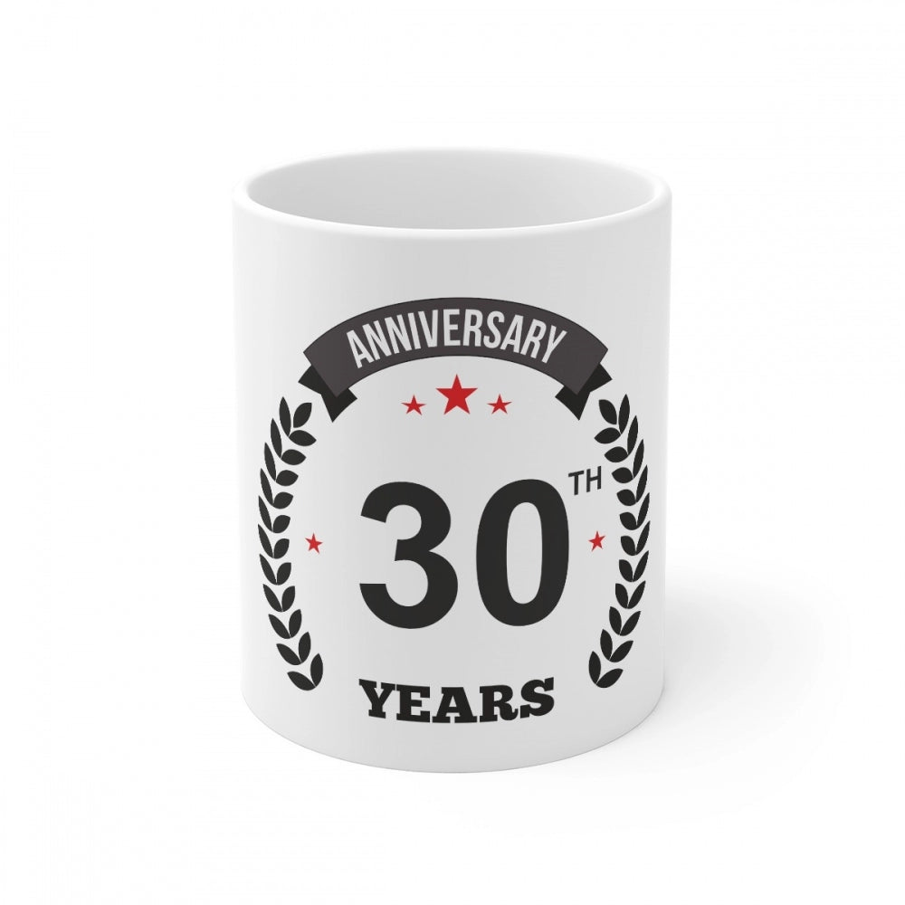 White ceramic anniversary mug with printed text commemorating 30 years, suitable for hot beverages