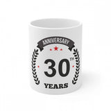 White ceramic anniversary mug with printed text commemorating 30 years, suitable for hot beverages