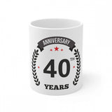 White ceramic coffee mug with 40th anniversary print