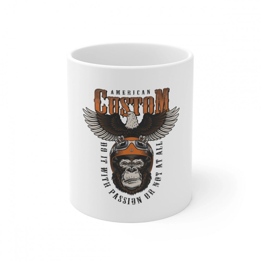 White ceramic coffee mug featuring a gorilla design print and the text "American Custom" with 330ml capacity