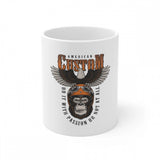 White ceramic coffee mug featuring a gorilla design print and the text "American Custom" with 330ml capacity