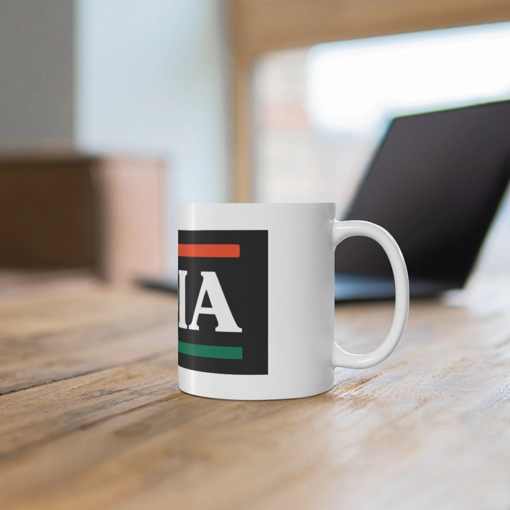 White ceramic coffee mug with India print