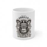 White ceramic coffee mug with a gorilla design print
