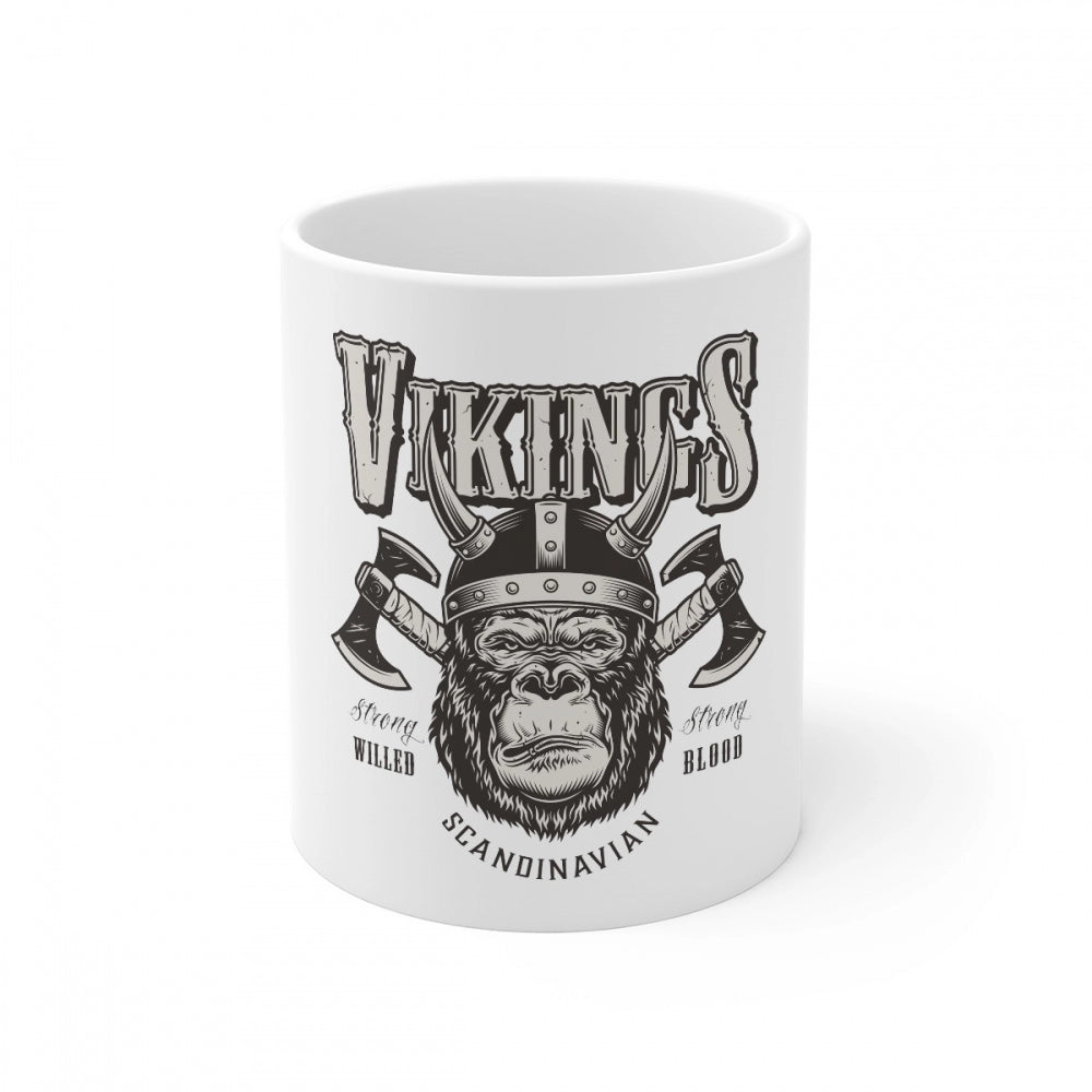 White ceramic coffee mug with gorilla design and Viking emblem, 330ml capacity