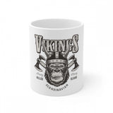 White ceramic coffee mug with gorilla design and Viking emblem, 330ml capacity