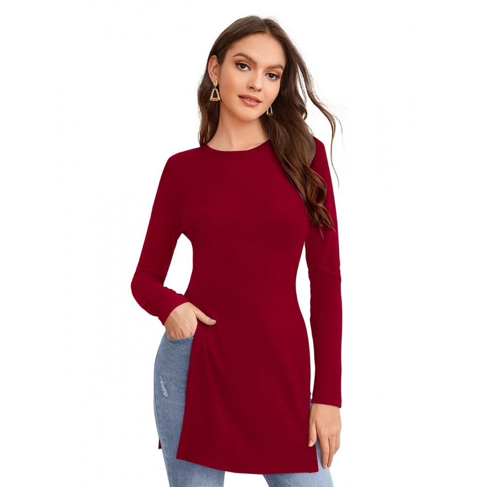 Maroon hosiery T-shirt for western wear, women's full sleeve, round neck