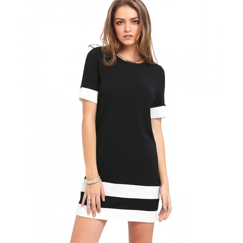 Women's short sleeve T-shirt with striped black and white trim