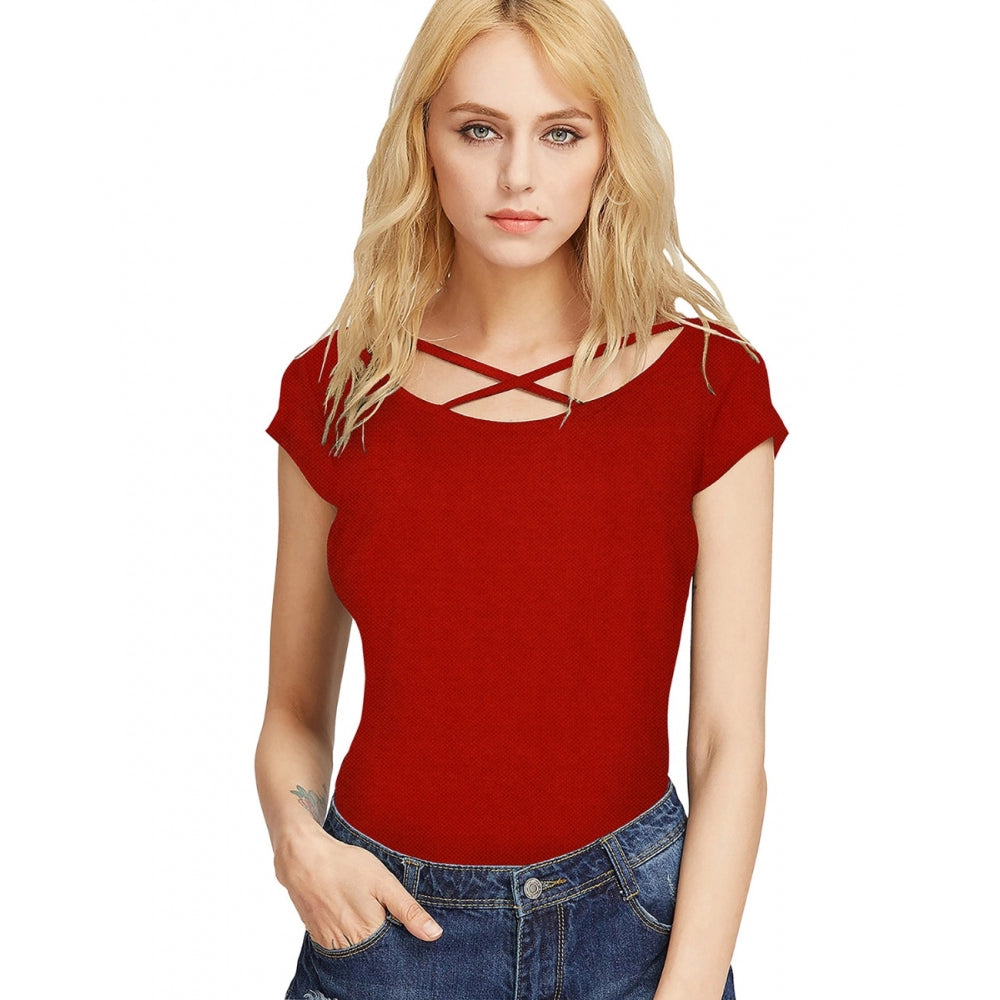 A red women's western wear hosiery T-shirt with a V-neck cut