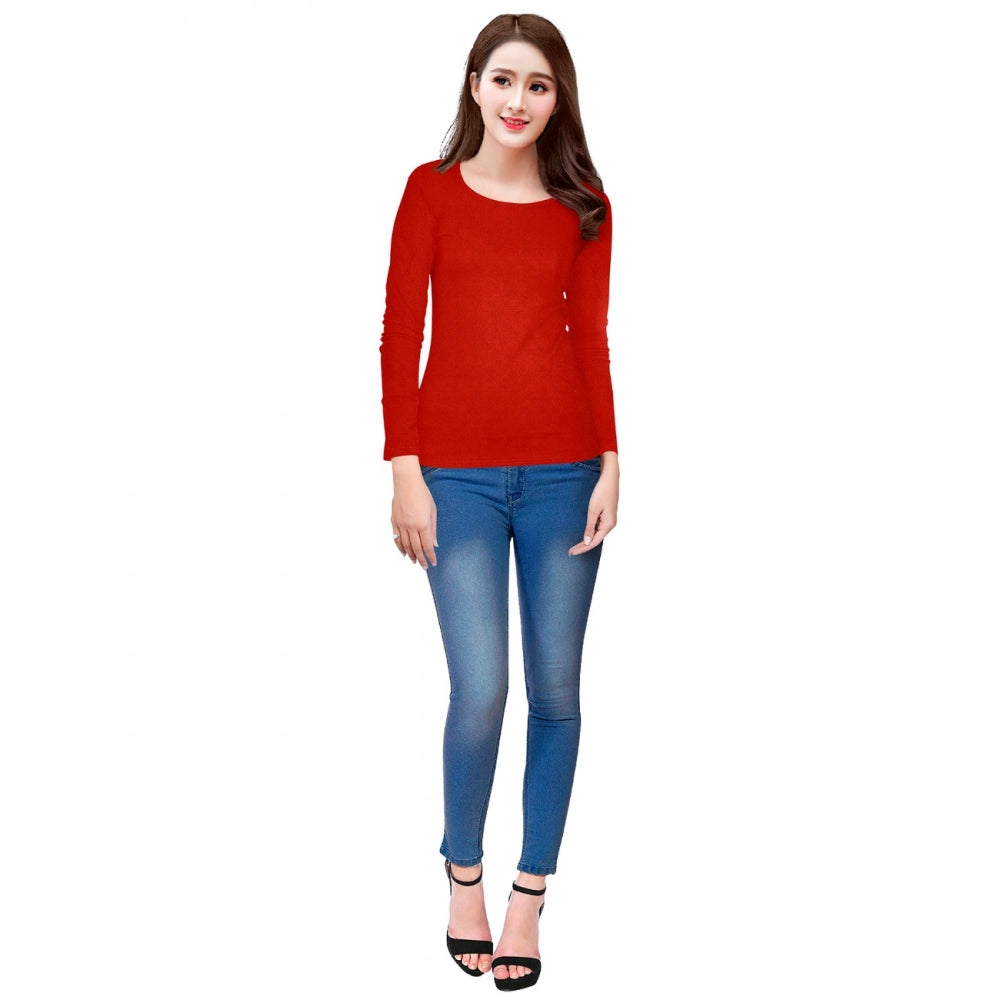 Woman wearing red t-shirt with hosiery