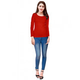 Woman wearing red t-shirt with hosiery
