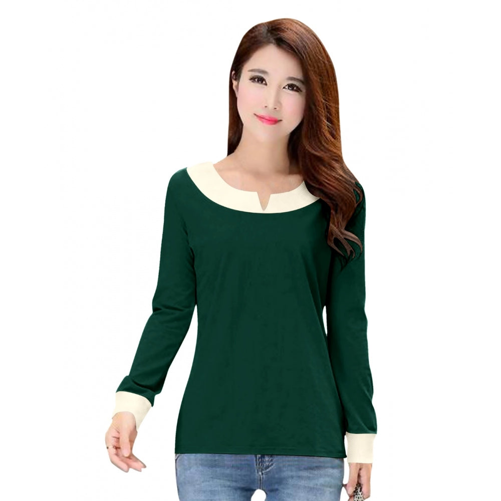 A person wearing a green V-neck crew neck t-shirt with short sleeves