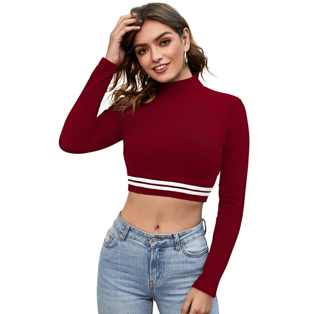 A red crop top with a striped hem and cropped length