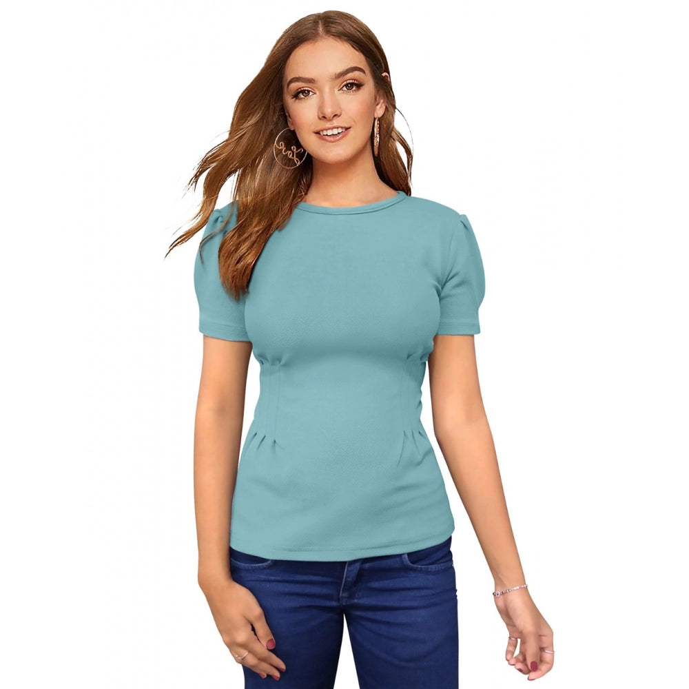 Sky blue cotton scoop neck T-shirt women's