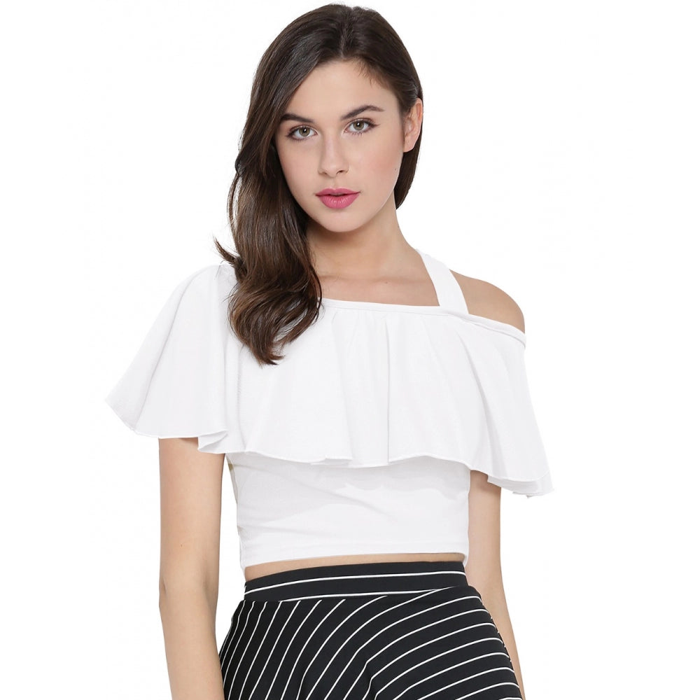 White off-shoulder crop top with ruffled details